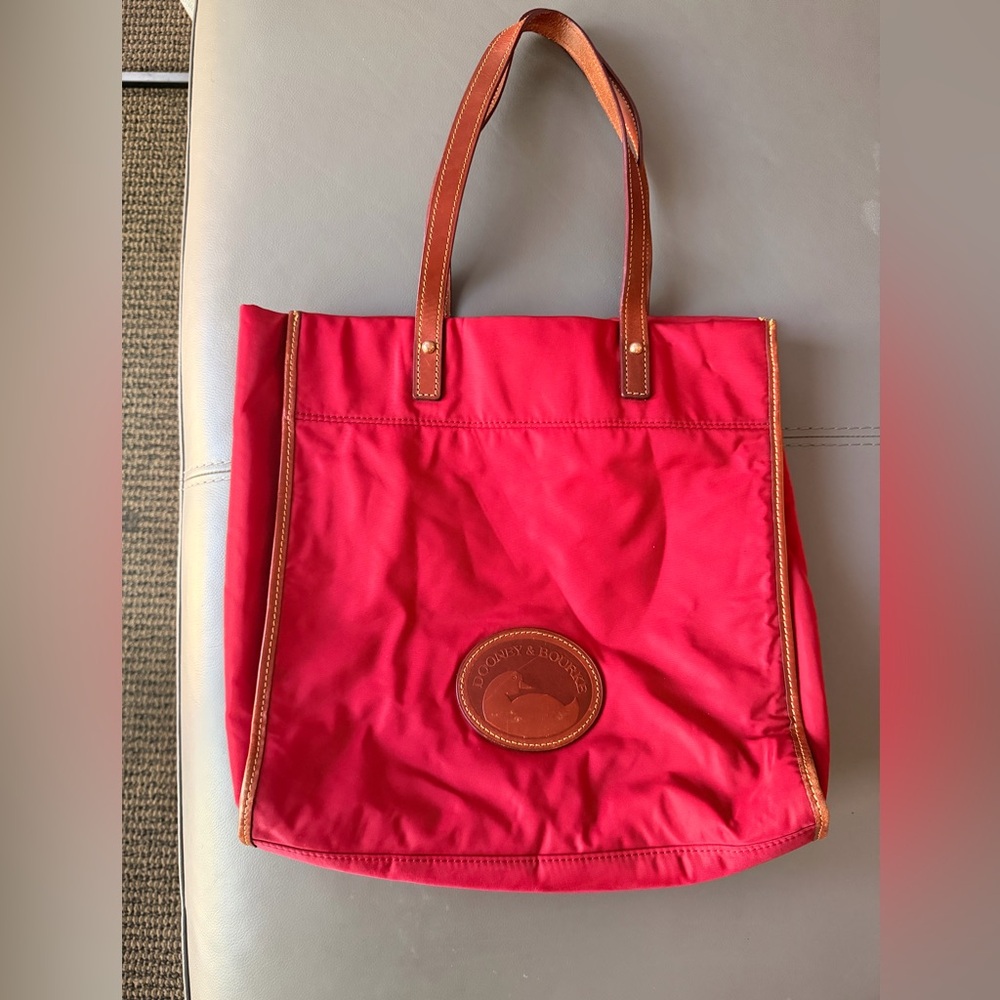 Dooney & Bourke Bright Red Nylon Tote with Brown Leather Trim